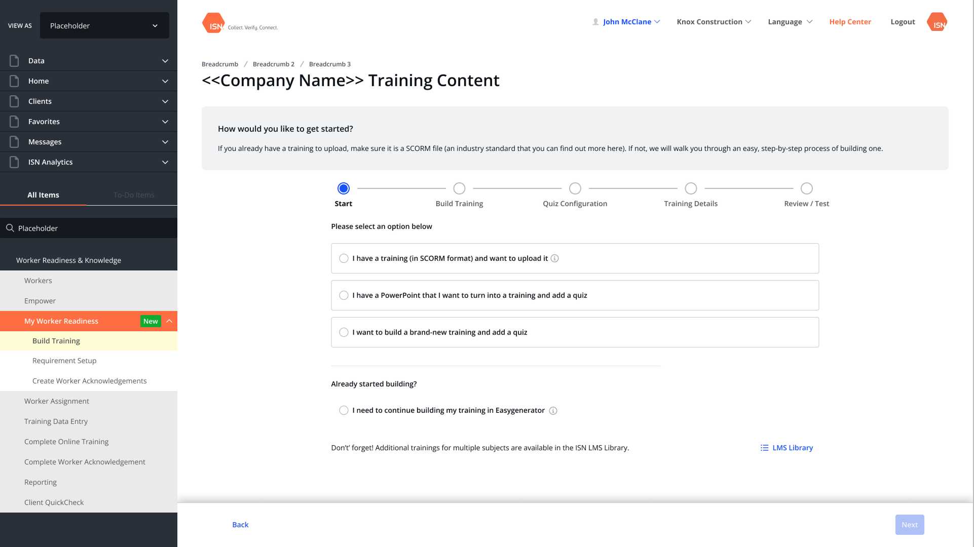 Wizard flow — Step 1 of training setup